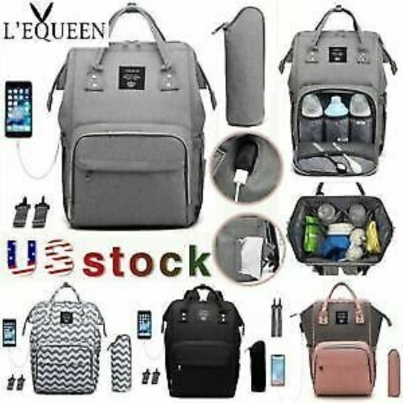 LeQueen Waterproof Backpack Diaper Bag Insulated Pockets Gray Large Capacity - Picture 3 of 10